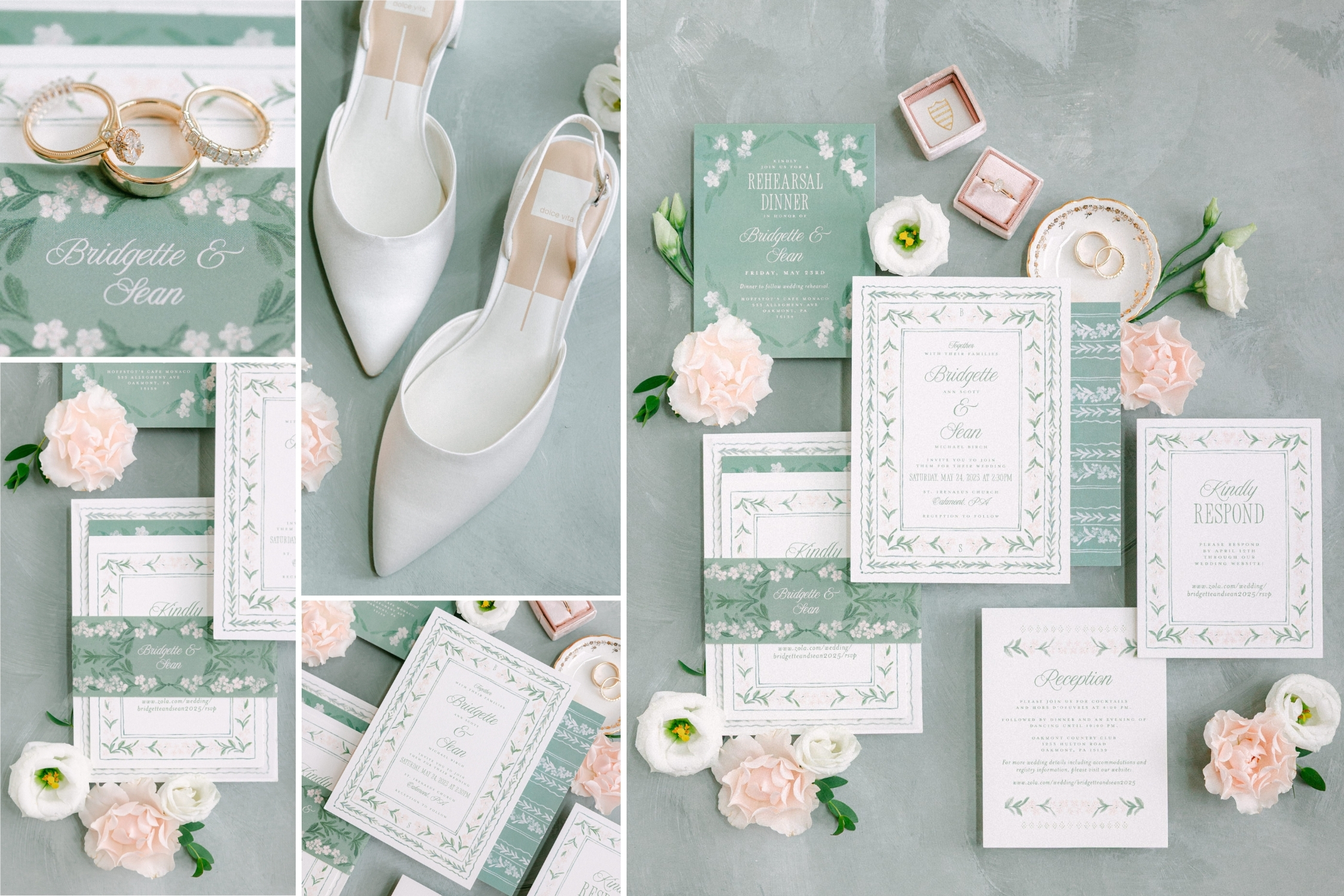 Flat lay of wedding invitations, RSVP cards, rings in boxes, white heels, pink flowers, and gold rings on a soft green background. Invitations are decorated with floral designs.